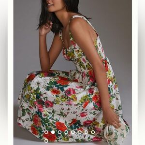 Anthropologie Corset Midi Dress Smocked Floral Pockets 100% Cotton Lined Sz 12